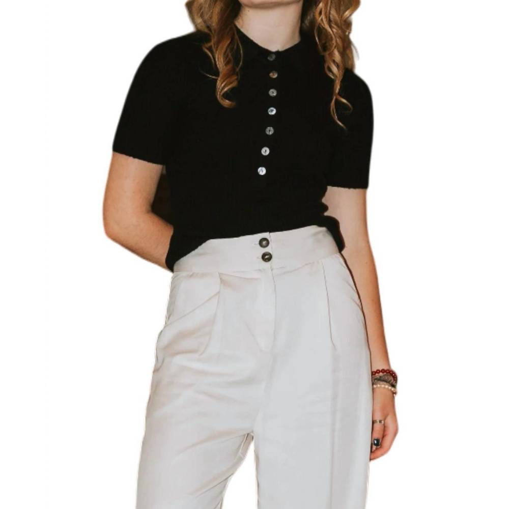 NEW 7115 BY SZEKI molly collared short sleeves top in black